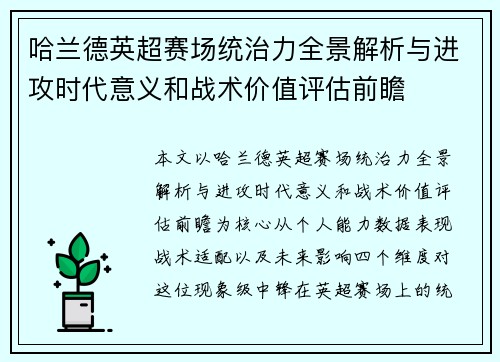 哈兰德英超赛场统治力全景解析与进攻时代意义和战术价值评估前瞻 哈兰德英超赛场统治力全景解析与进攻时代意义和战术价值评估前瞻